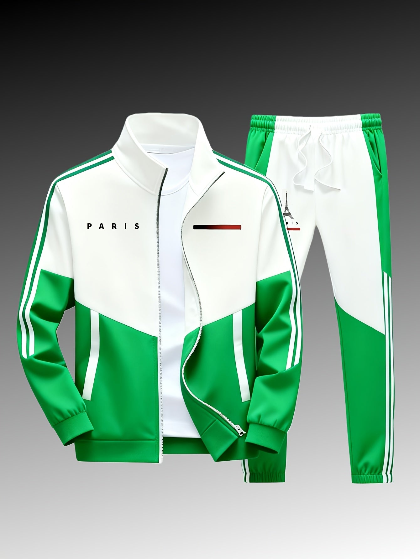 Paris logo tracksuit: Casual sports jacket + jogging pants, suitable for all seasons, featuring a multi-color blocking design.