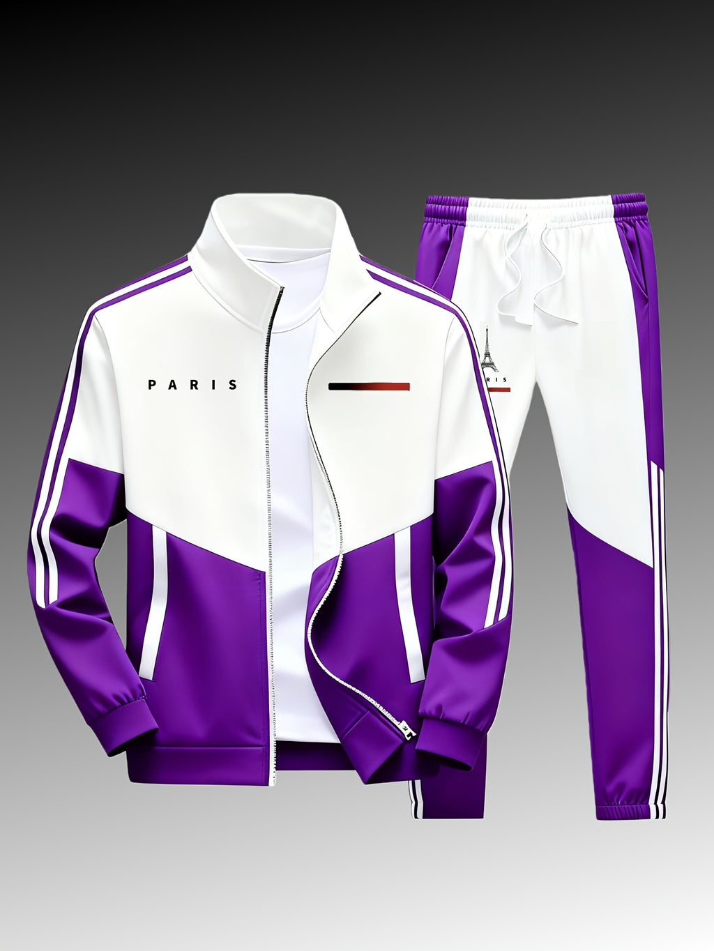 Paris logo tracksuit: Casual sports jacket + jogging pants, suitable for all seasons, featuring a multi-color blocking design.