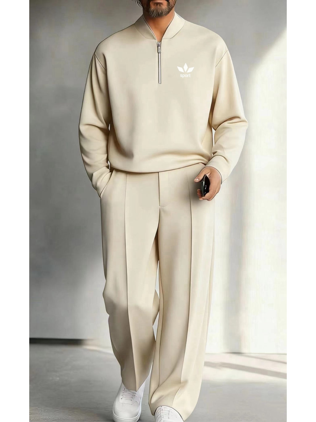 Men's Quarter Zip Pullover &amp; Pleated Pants Set - Smart Casual Two Piece Outfit