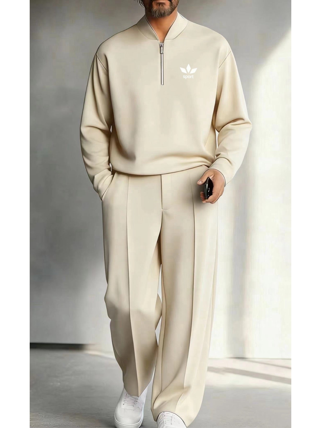 Men's Quarter Zip Pullover &amp; Pleated Pants Set - Smart Casual Two Piece Outfit