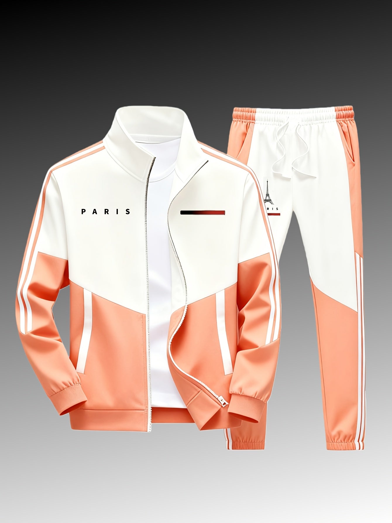Paris logo tracksuit: Casual sports jacket + jogging pants, suitable for all seasons, featuring a multi-color blocking design.