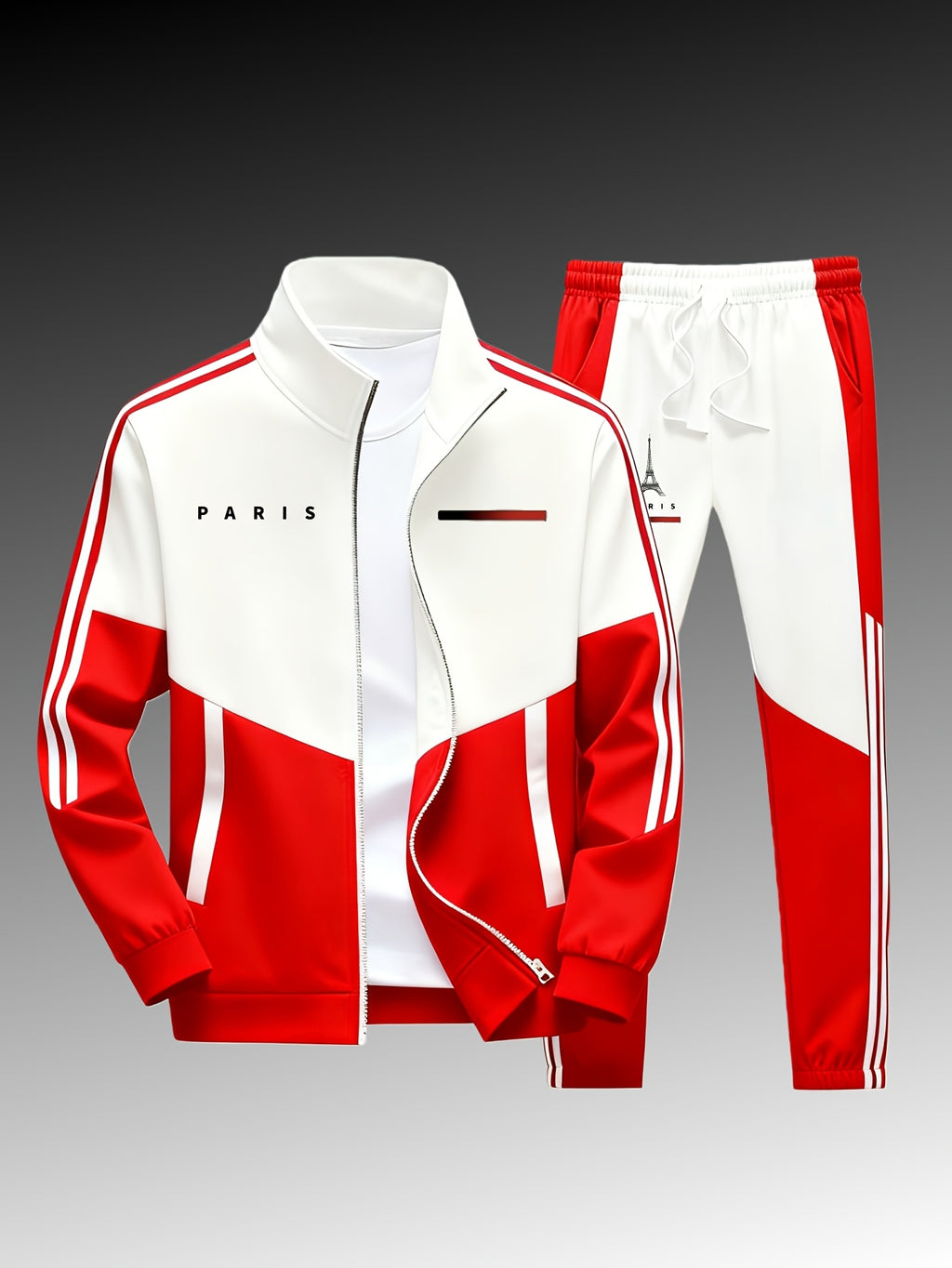 Paris logo tracksuit: Casual sports jacket + jogging pants, suitable for all seasons, featuring a multi-color blocking design.