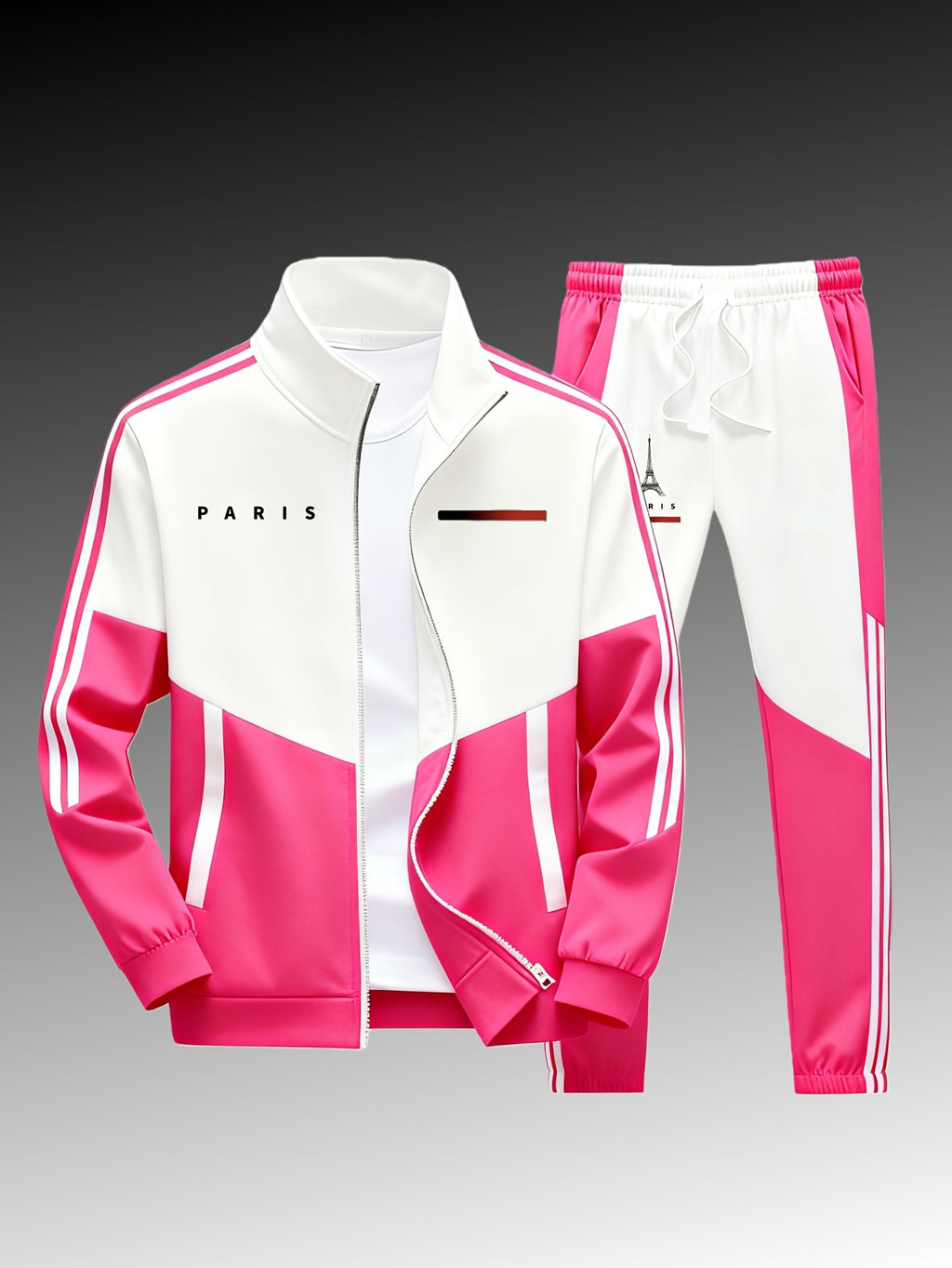 Paris logo tracksuit: Casual sports jacket + jogging pants, suitable for all seasons, featuring a multi-color blocking design.