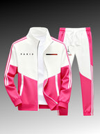 Paris logo tracksuit: Casual sports jacket + jogging pants, suitable for all seasons, featuring a multi-color blocking design.