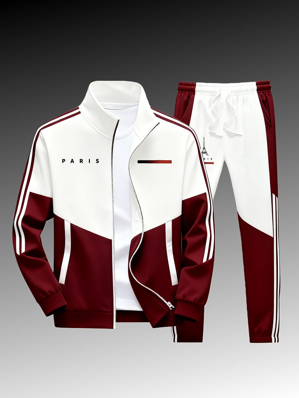 Paris logo tracksuit: Casual sports jacket + jogging pants, suitable for all seasons, featuring a multi-color blocking design.