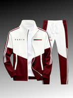 Paris logo tracksuit: Casual sports jacket + jogging pants, suitable for all seasons, featuring a multi-color blocking design.