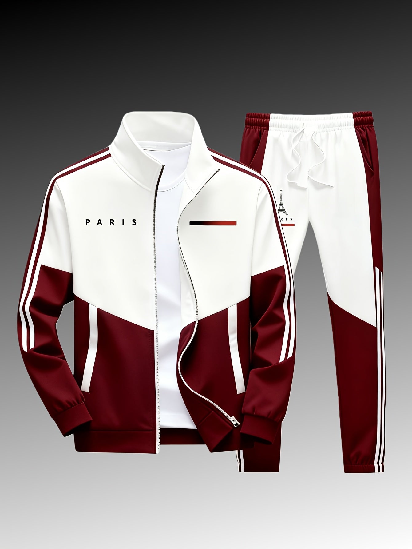 Paris logo tracksuit: Casual sports jacket + jogging pants, suitable for all seasons, featuring a multi-color blocking design.
