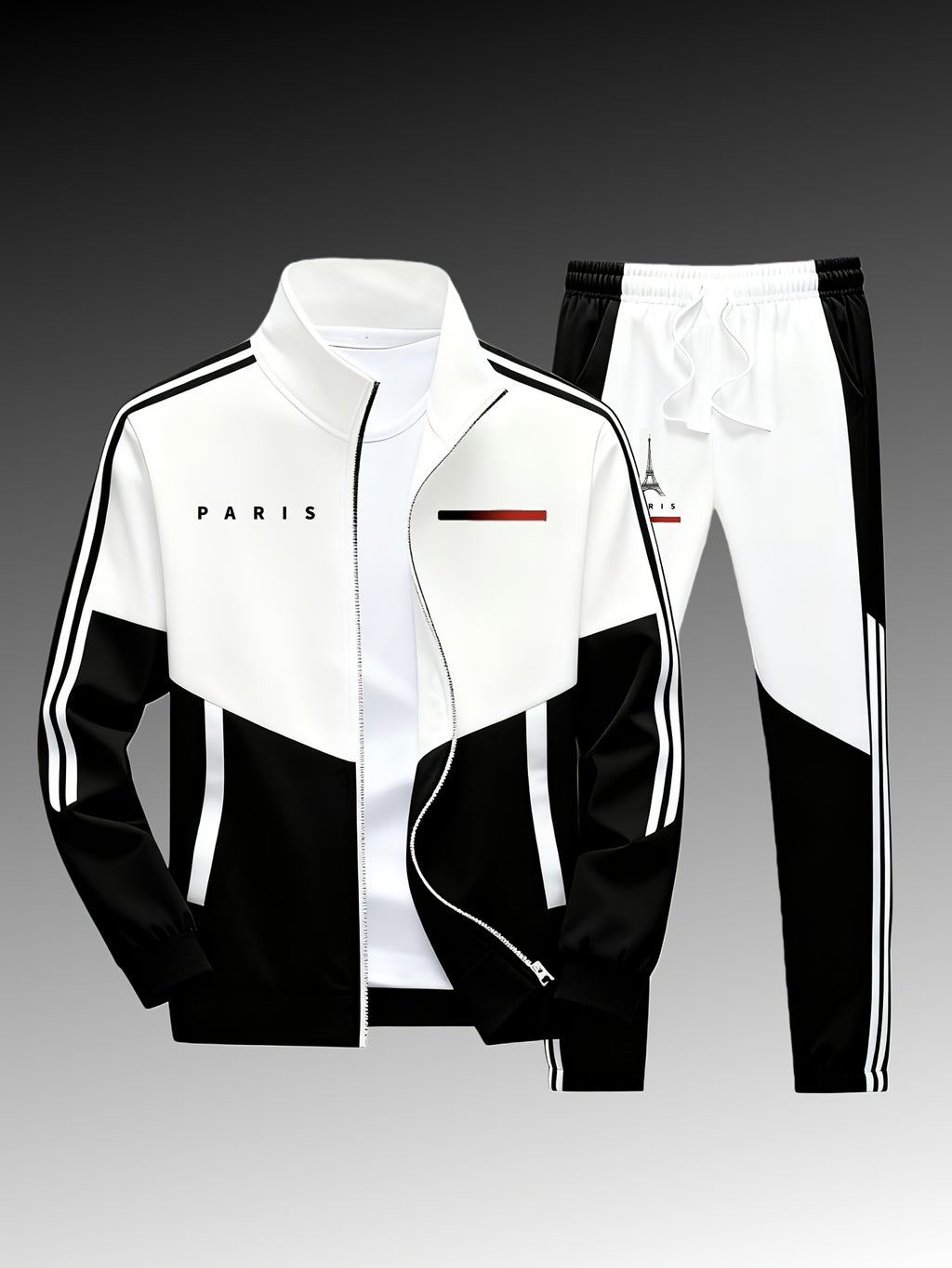 Paris logo tracksuit: Casual sports jacket + jogging pants, suitable for all seasons, featuring a multi-color blocking design.