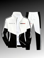 Paris logo tracksuit: Casual sports jacket + jogging pants, suitable for all seasons, featuring a multi-color blocking design.