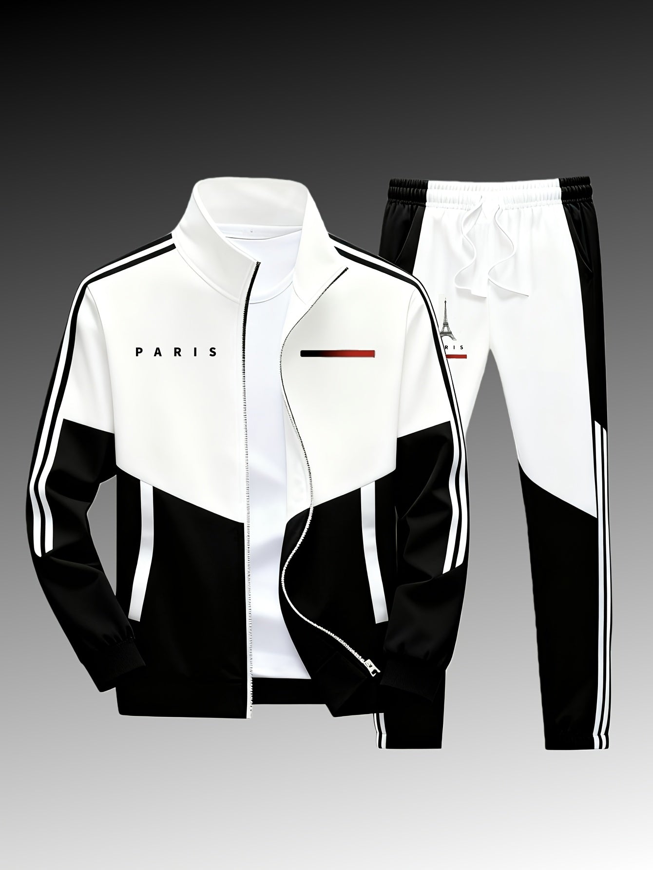 Paris logo tracksuit: Casual sports jacket + jogging pants, suitable for all seasons, featuring a multi-color blocking design.