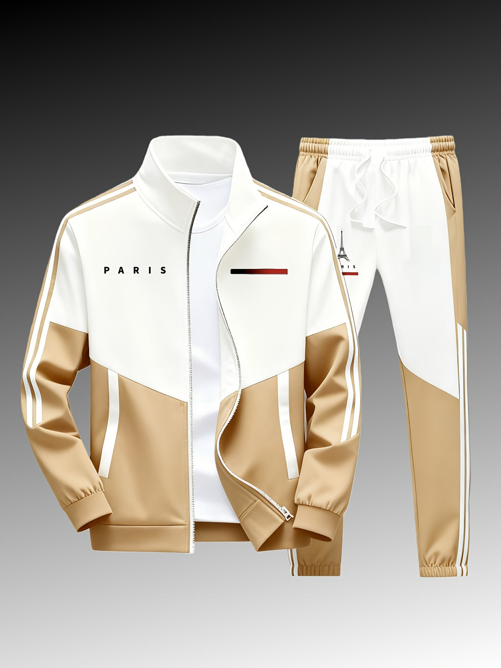 Paris logo tracksuit: Casual sports jacket + jogging pants, suitable for all seasons, featuring a multi-color blocking design.