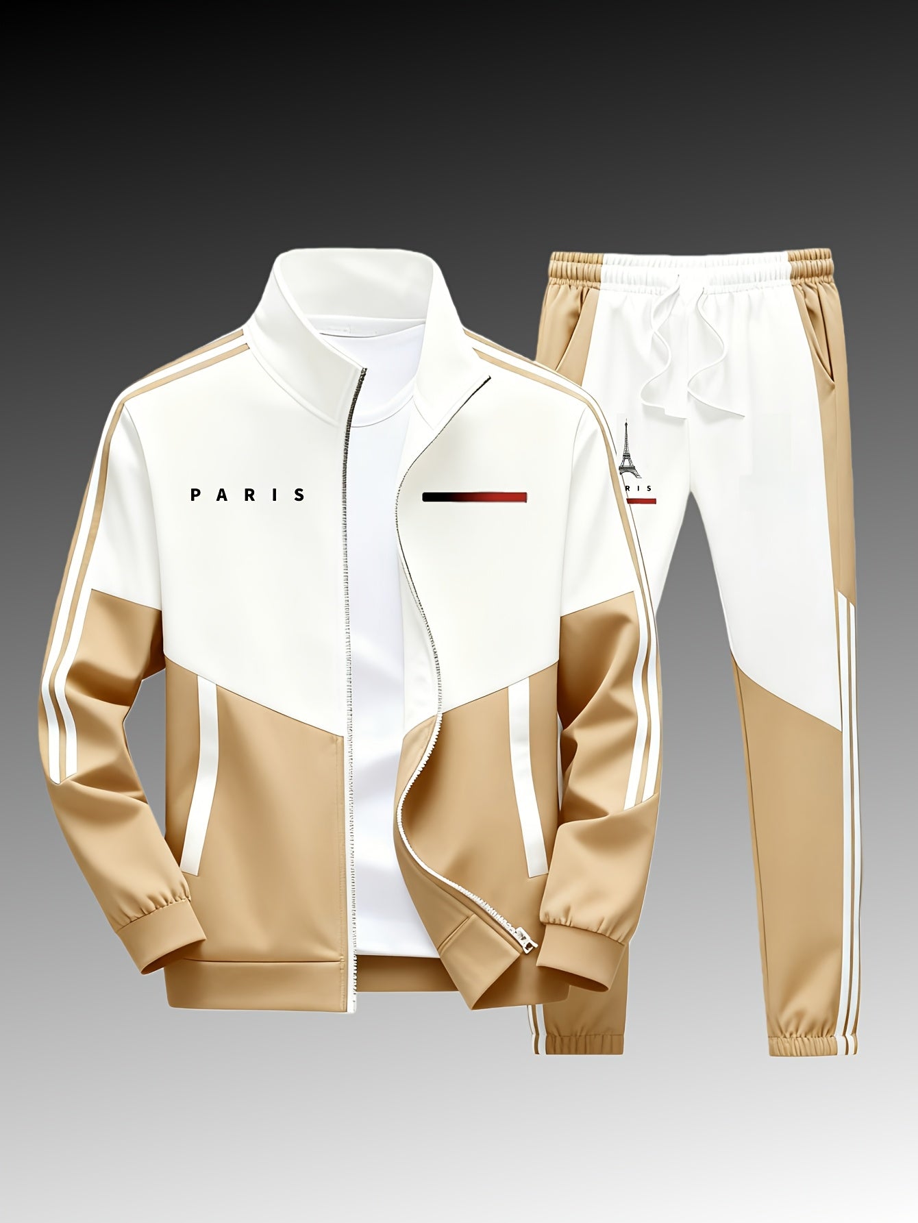 Paris logo tracksuit: Casual sports jacket + jogging pants, suitable for all seasons, featuring a multi-color blocking design.