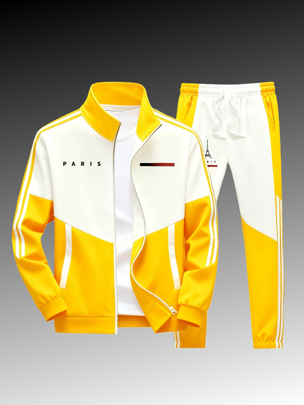 Paris logo tracksuit: Casual sports jacket + jogging pants, suitable for all seasons, featuring a multi-color blocking design.