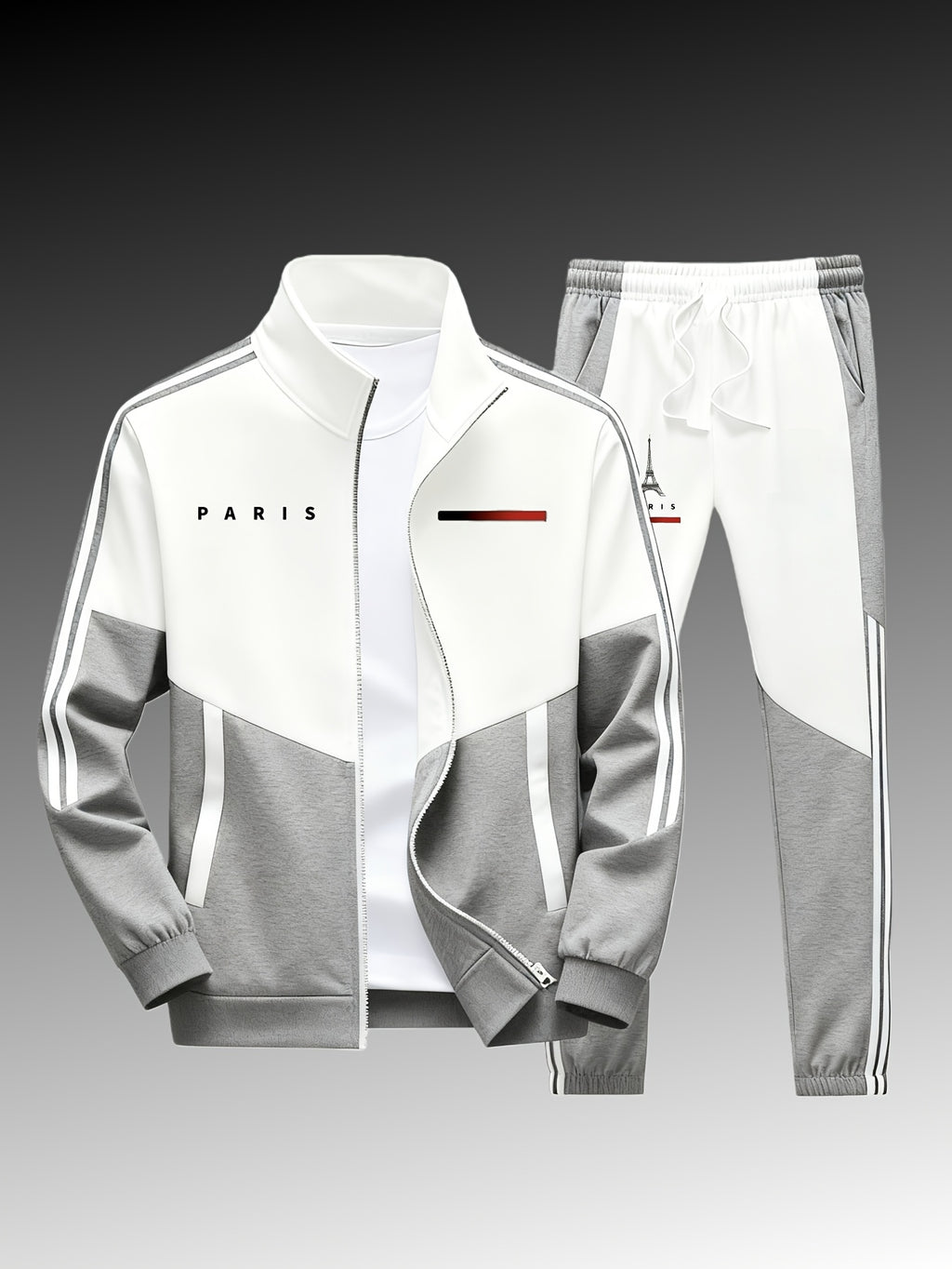 Paris logo tracksuit: Casual sports jacket + jogging pants, suitable for all seasons, featuring a multi-color blocking design.