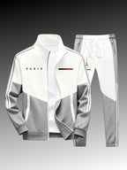 Paris logo tracksuit: Casual sports jacket + jogging pants, suitable for all seasons, featuring a multi-color blocking design.