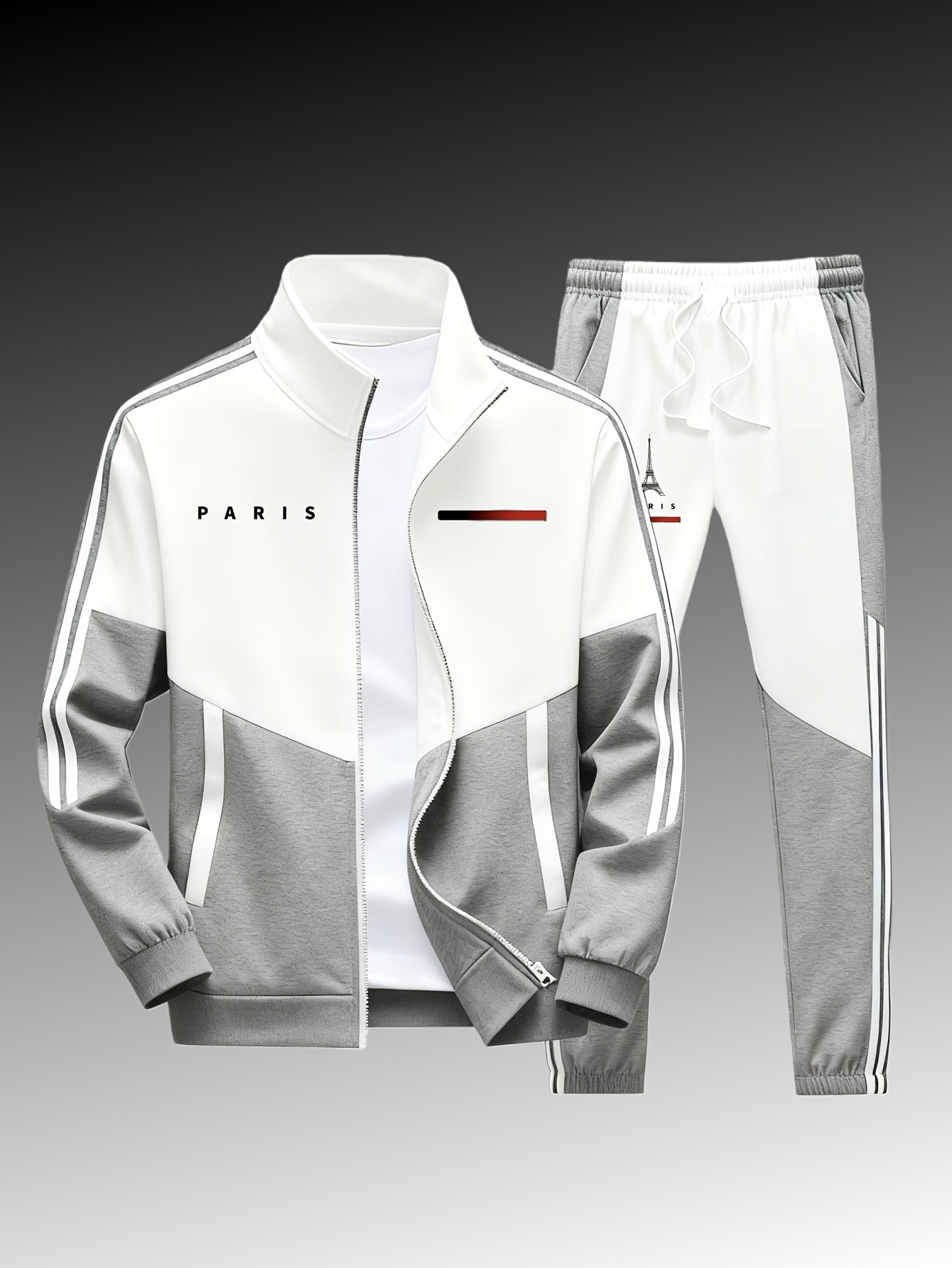 Paris logo tracksuit: Casual sports jacket + jogging pants, suitable for all seasons, featuring a multi-color blocking design.