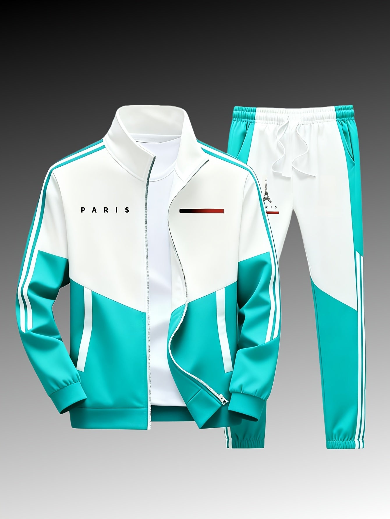 Paris logo tracksuit: Casual sports jacket + jogging pants, suitable for all seasons, featuring a multi-color blocking design.