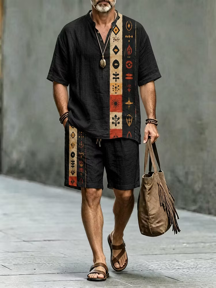 Men's Black Tribal Print Button Shirt & Shorts Set - Casual Summer Outfit