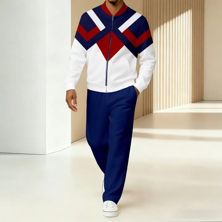 Men's Green Red Zip Up Tracksuit Set - Striped Jacket & Track Pants