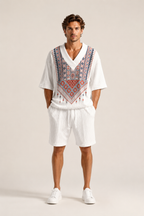 Men's Hawaiian V-neck shirt and shorts set for vacation wear
