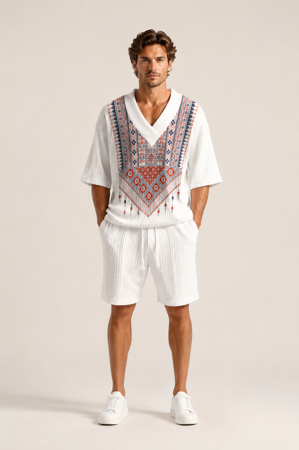 Men's Hawaiian V-neck shirt and shorts set for vacation wear
