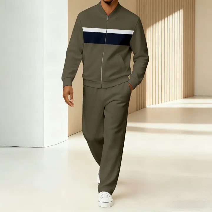 Men's Green Red Zip Up Tracksuit Set - Striped Jacket & Track Pants