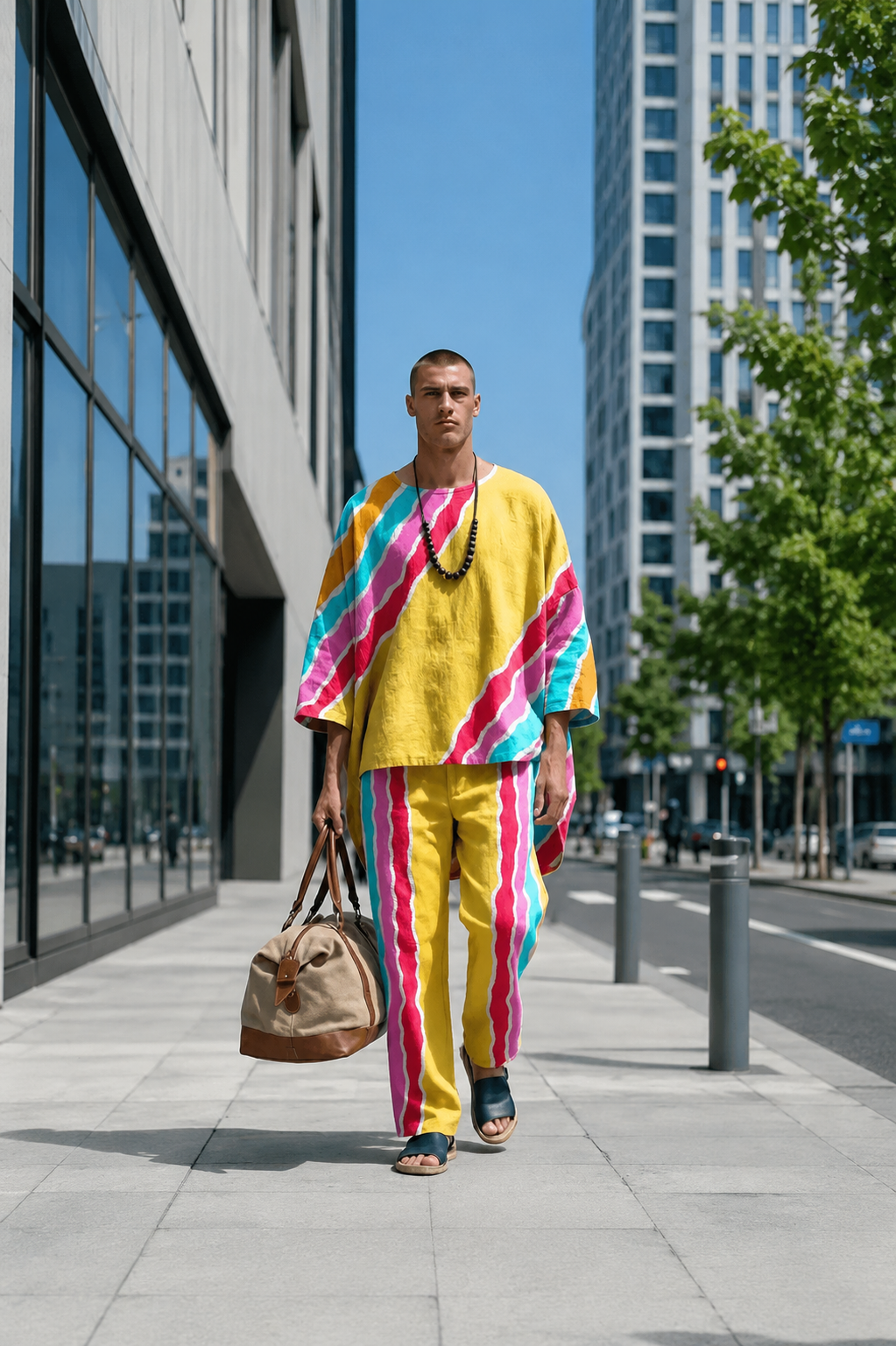 Men's abstract print crew neck top and pants set
