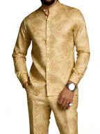 Men's Gold Paisley Print Mandarin Collar Shirt & Pants Set