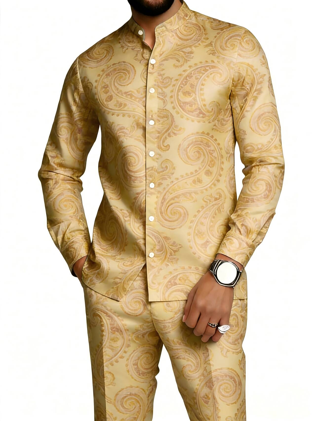 Men's Gold Paisley Print Mandarin Collar Shirt & Pants Set
