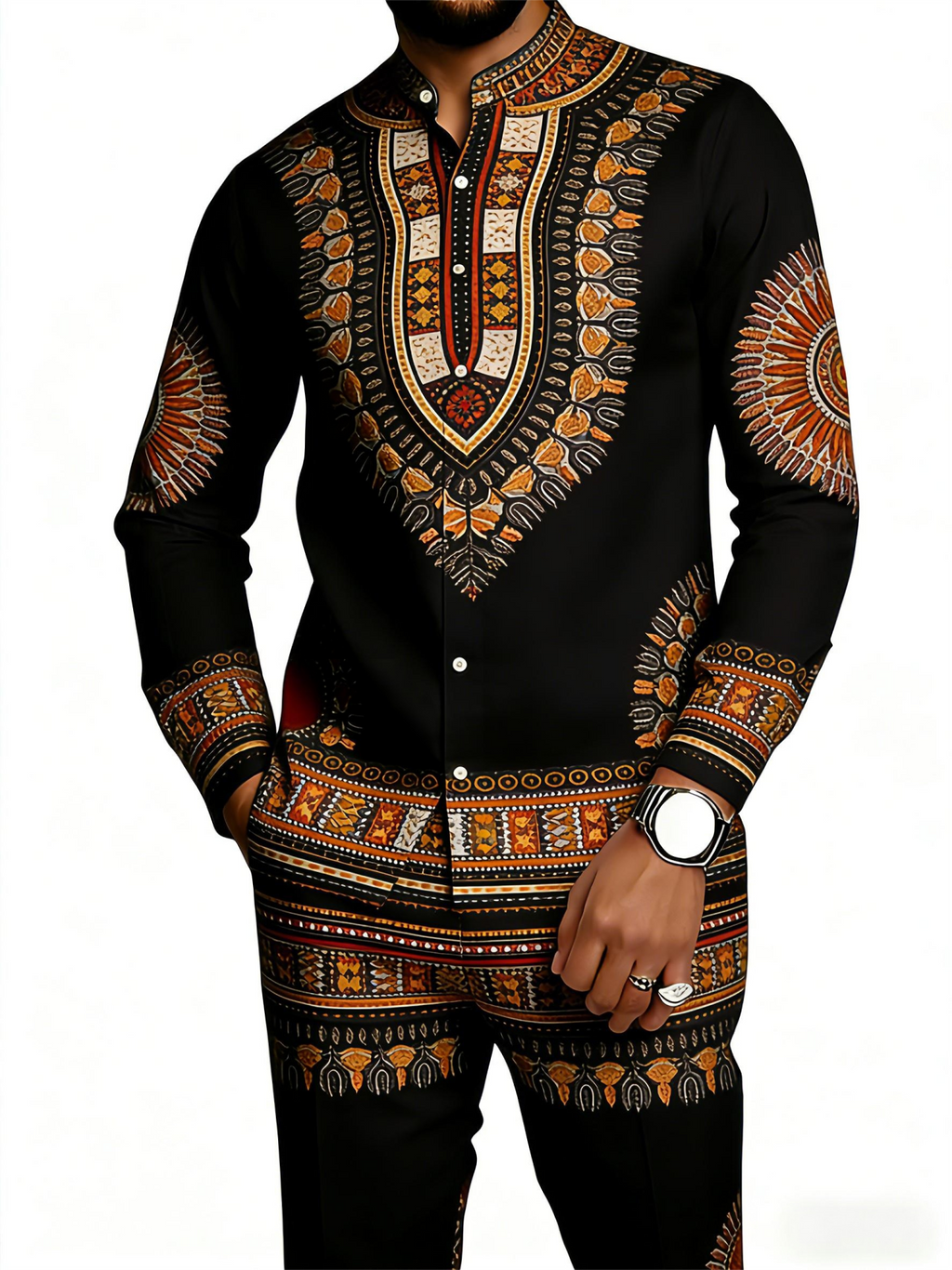 Men's Dashiki-Inspired Geometric Print Long Sleeve Shirt & Pants Set