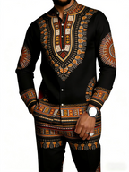 Men's Dashiki-Inspired Geometric Print Long Sleeve Shirt & Pants Set