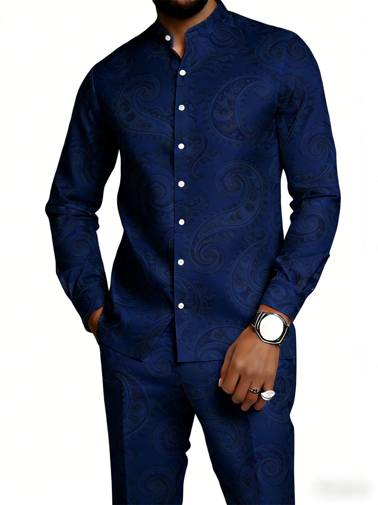 Men's Gold Paisley Print Mandarin Collar Shirt & Pants Set