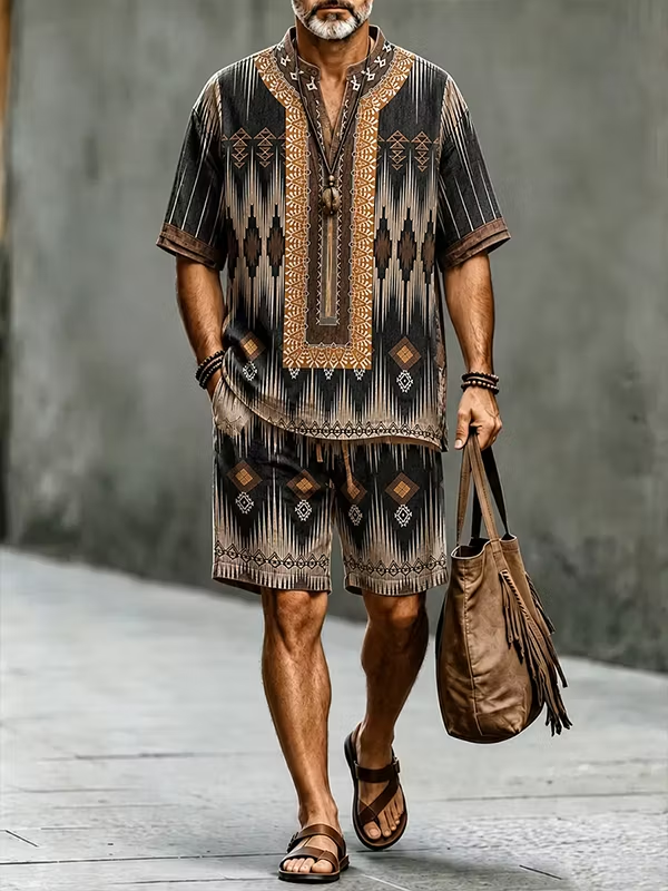 Men's Black Tribal Print Button Shirt & Shorts Set - Casual Summer Outfit