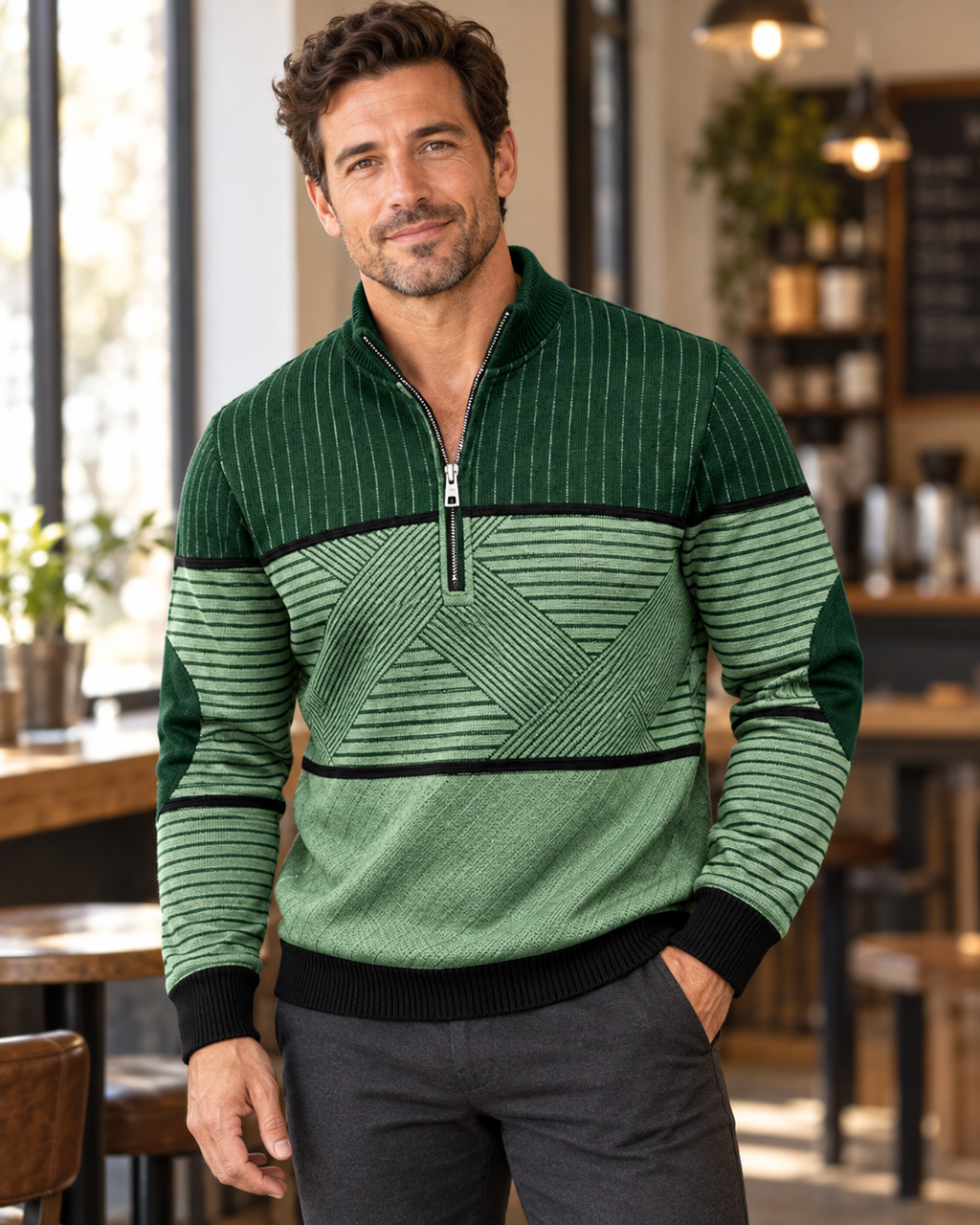 Men's Green Geometric Half-Zip Pullover