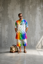 2026 New Men's Loose Plus-Size Abstract Print Stand-Collar Long Shirt & Cropped Pants Two-Piece Set