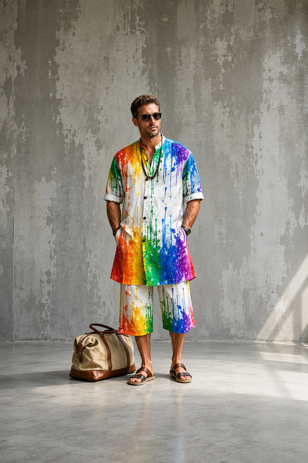 2026 New Men's Loose Plus-Size Abstract Print Stand-Collar Long Shirt & Cropped Pants Two-Piece Set