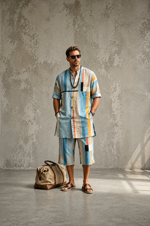 Men's Abstract Print Long Shirt and Cropped Pants Set

