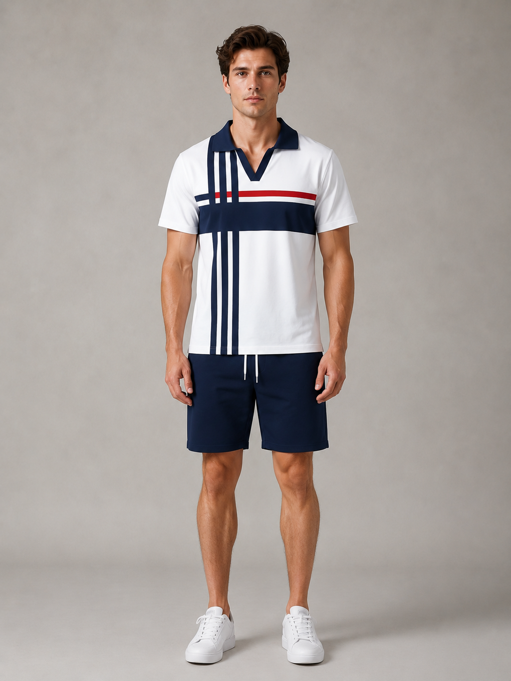 Men's Summer 2026 New Short-Sleeve & Shorts Two-Piece Set – V-Neck with Striped Print Pattern