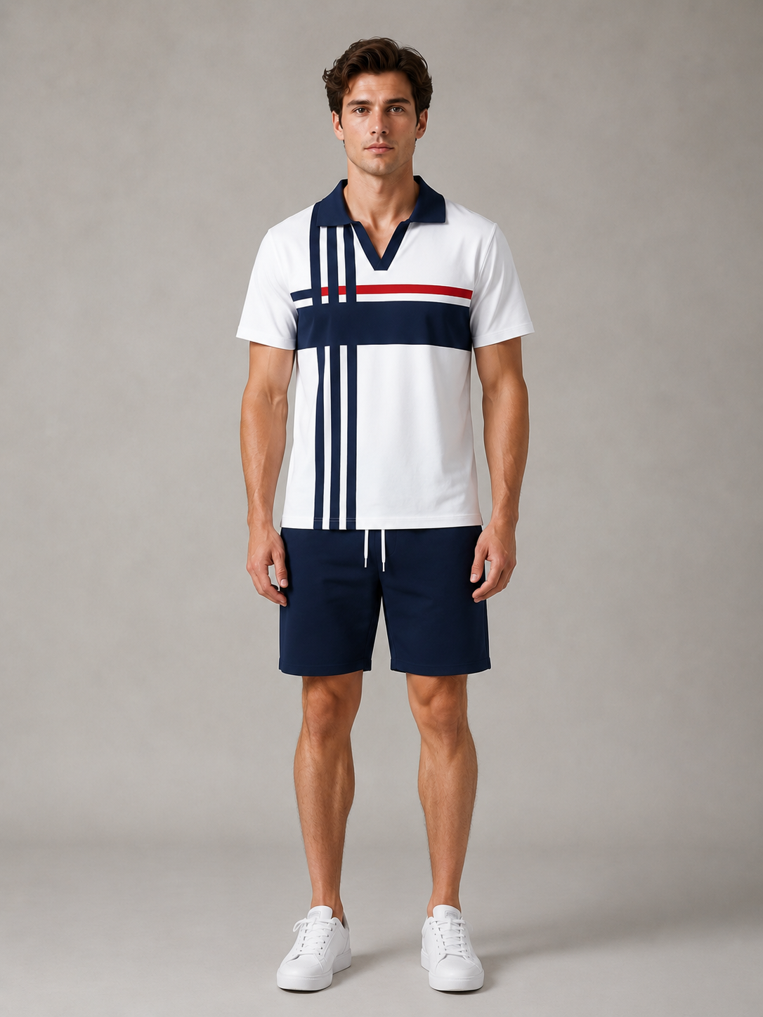 Men's Summer 2026 New Short-Sleeve & Shorts Two-Piece Set – V-Neck with Striped Print Pattern