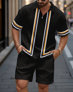 New Summer Men's 2-Piece Set: Zippered Polo Collar Short-Sleeve Top & Shorts – Color-Block Design with 3D Small-Check Texture (Euro-American Style)