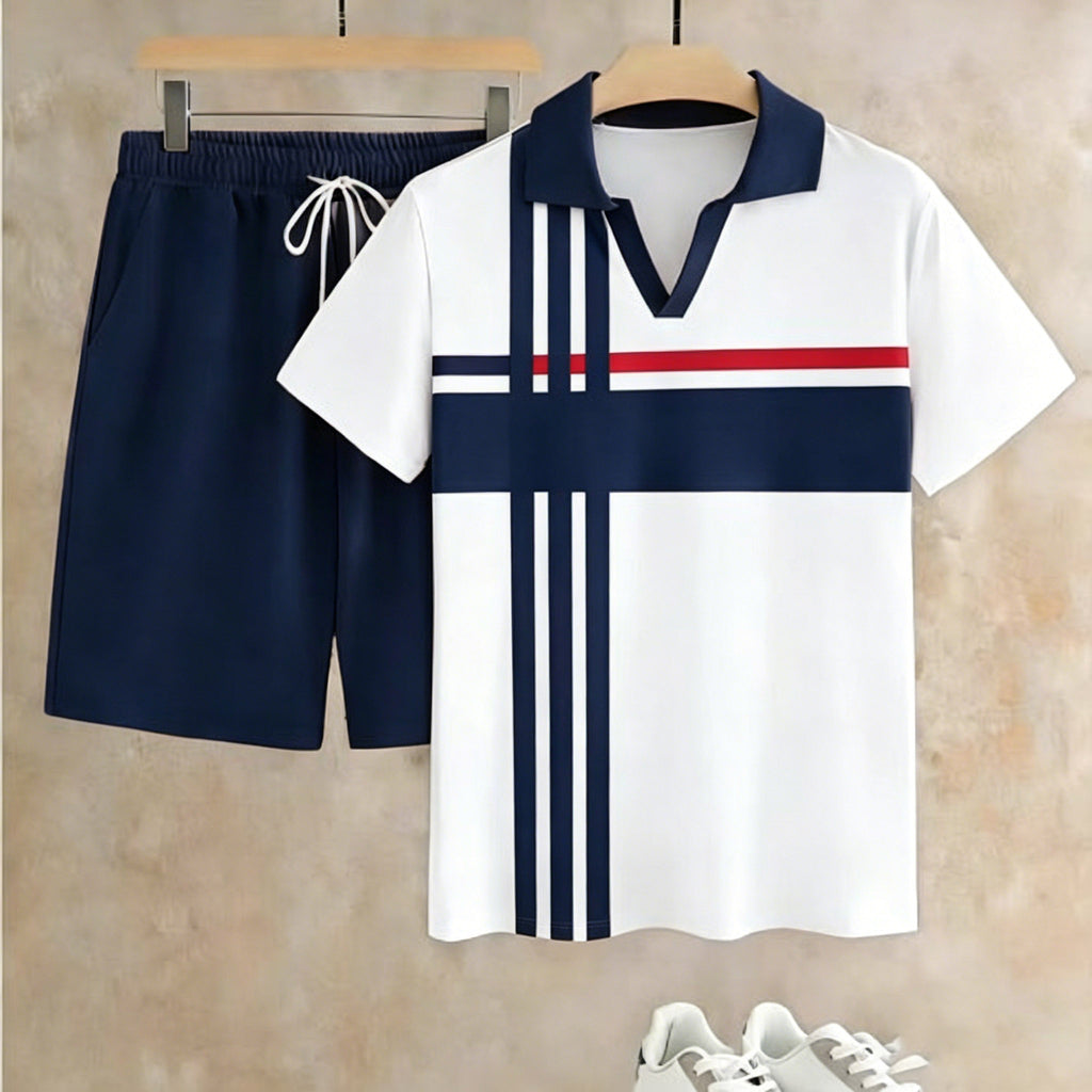 Men's Summer 2026 New Short-Sleeve & Shorts Two-Piece Set – V-Neck with Striped Print Pattern