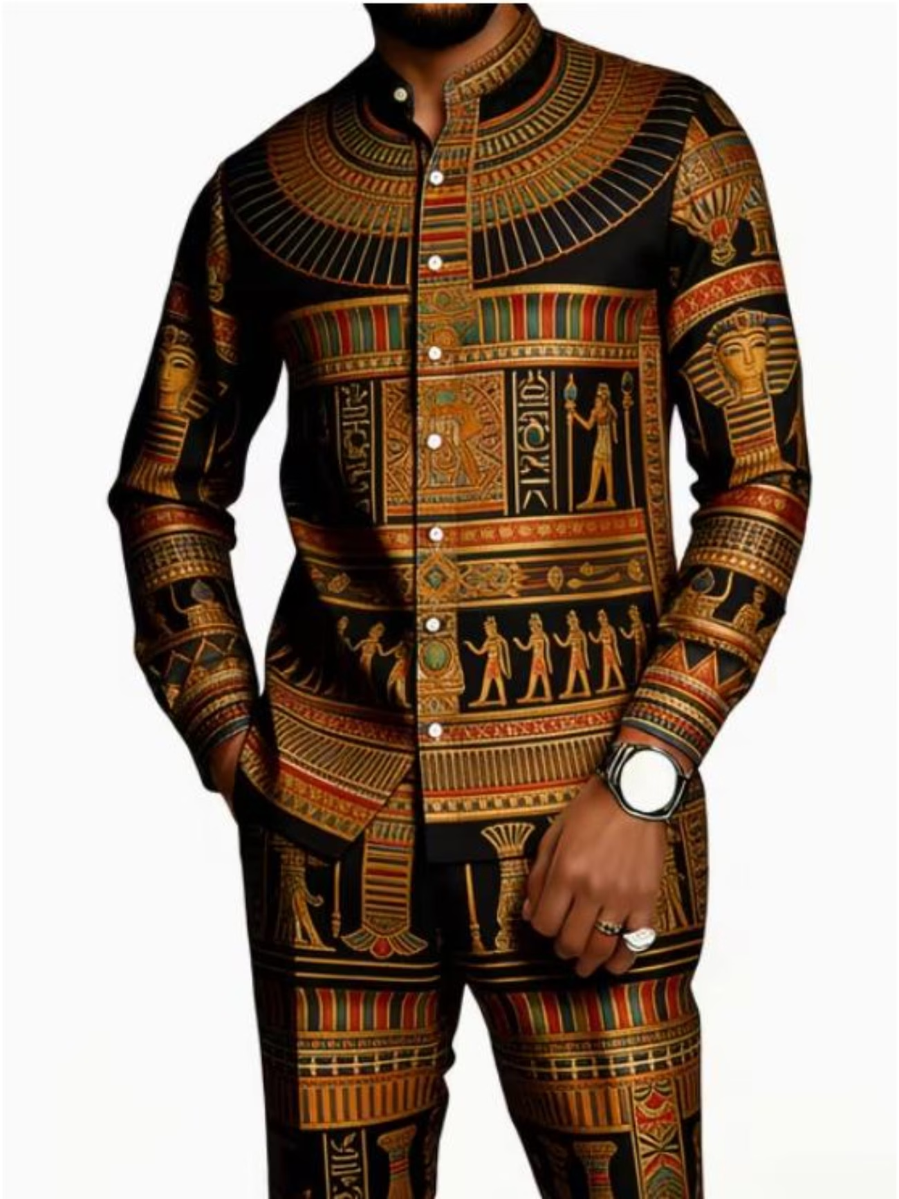 2026 Hot Selling Cross-Border Men's African Ethnic Print Casual Long-Sleeved Trousers Set