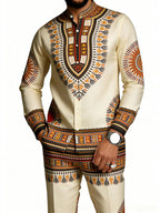 Men's Dashiki-Inspired Geometric Print Long Sleeve Shirt & Pants Set
