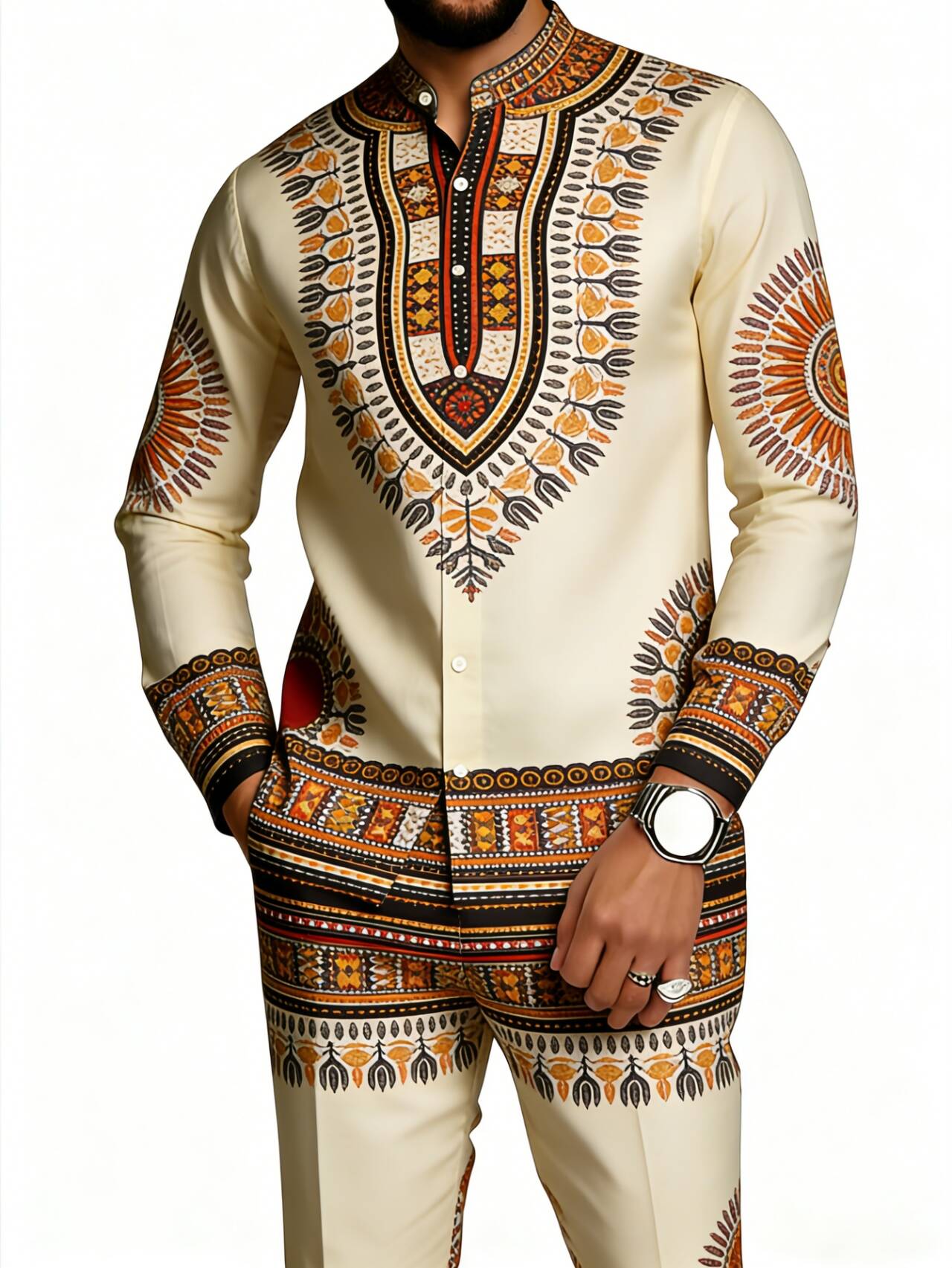 Men's Dashiki-Inspired Geometric Print Long Sleeve Shirt & Pants Set