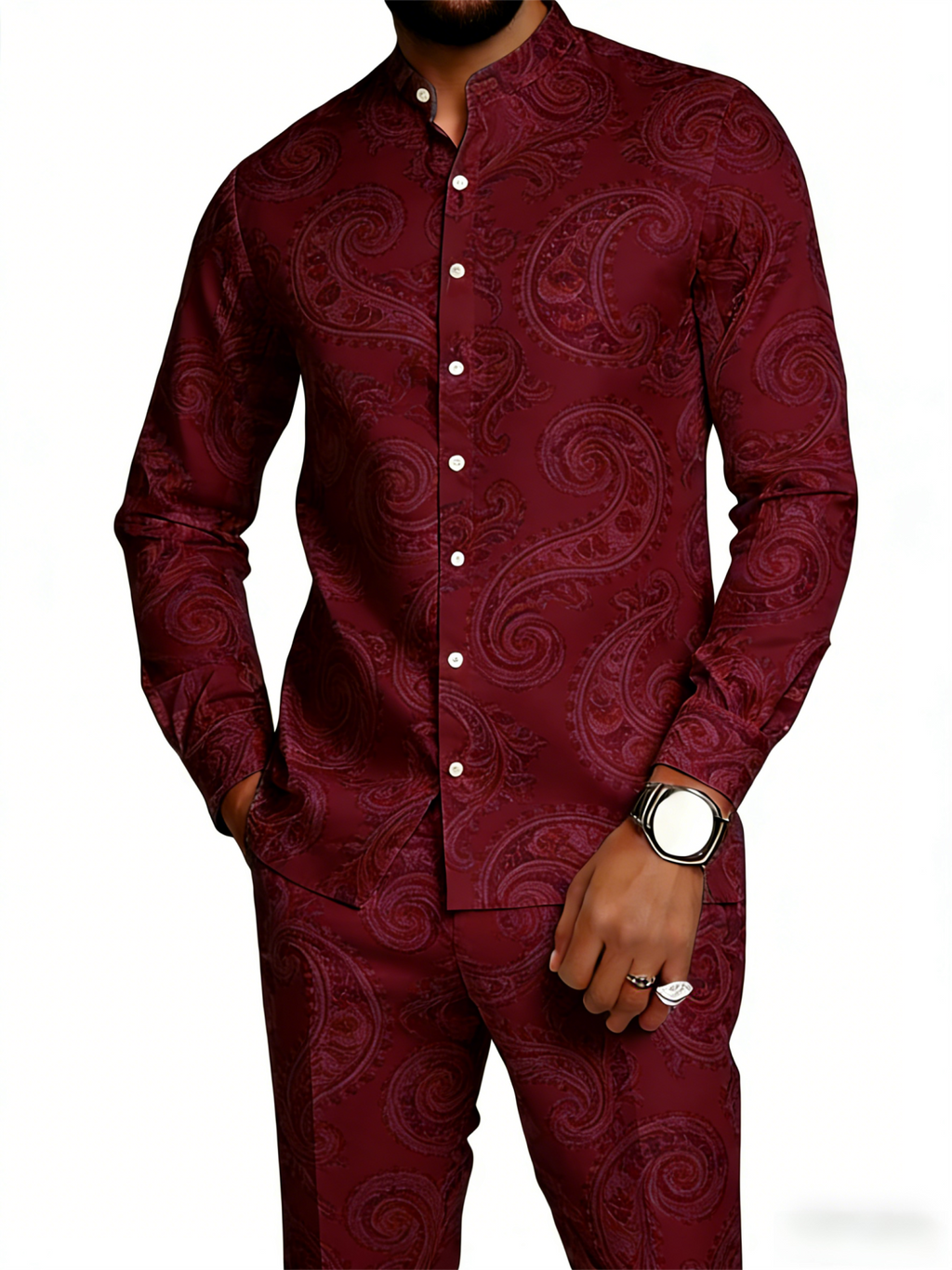 Men's Gold Paisley Print Mandarin Collar Shirt & Pants Set