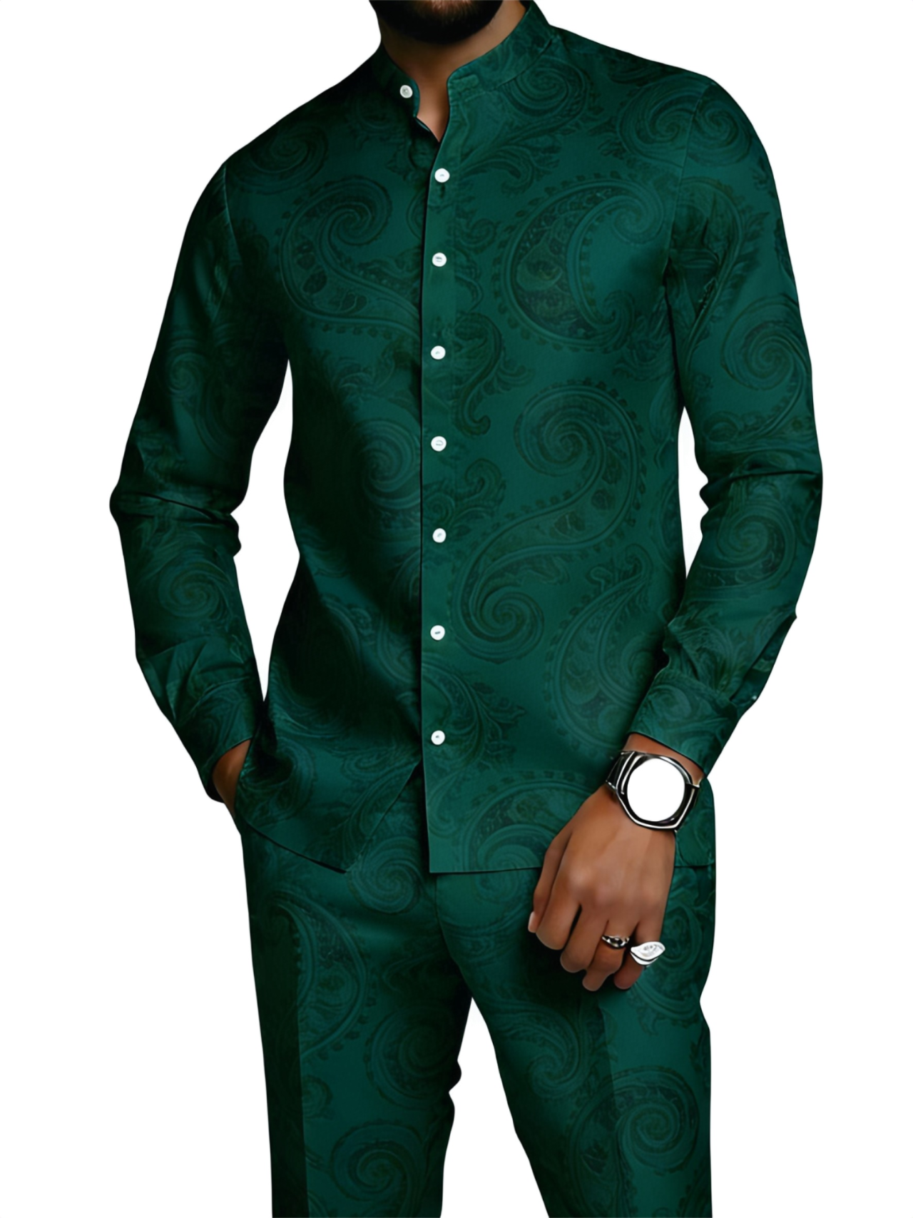 Men's Gold Paisley Print Mandarin Collar Shirt & Pants Set