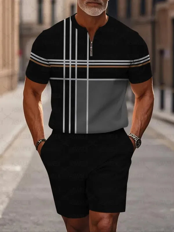 Men's two-piece set featuring a short-sleeved, half-zip polo top with a small stand-up collar and printed pattern, paired with shorts.