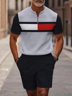 Men's two-piece set featuring a short-sleeved, half-zip polo top with a small stand-up collar and printed pattern, paired with shorts.