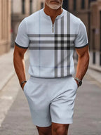 Men's two-piece set featuring a short-sleeved, half-zip polo top with a small stand-up collar and printed pattern, paired with shorts.
