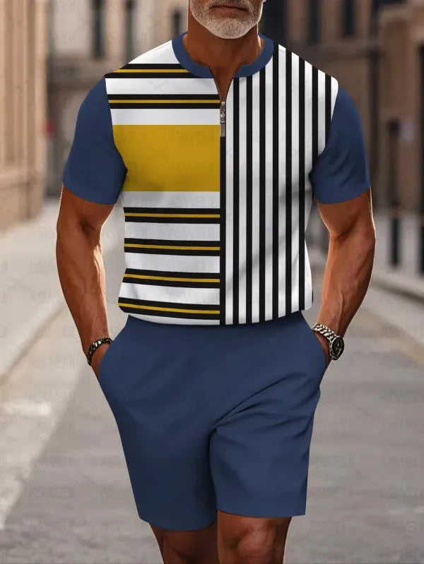 Men's two-piece set featuring a short-sleeved, half-zip polo top with a small stand-up collar and printed pattern, paired with shorts.